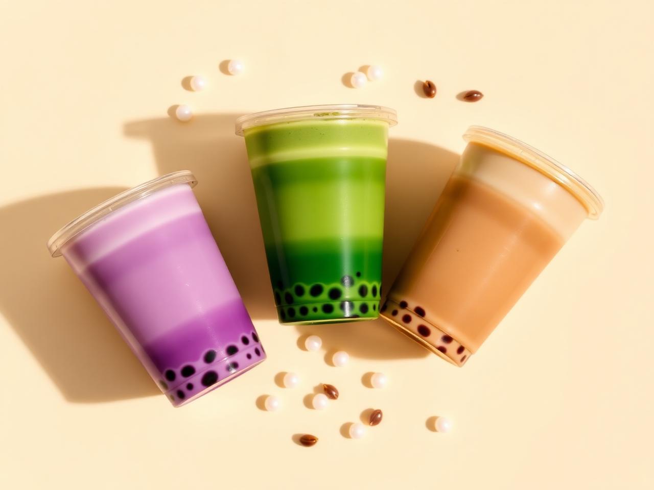 Taro, matcha, and brown sugar bubble tea